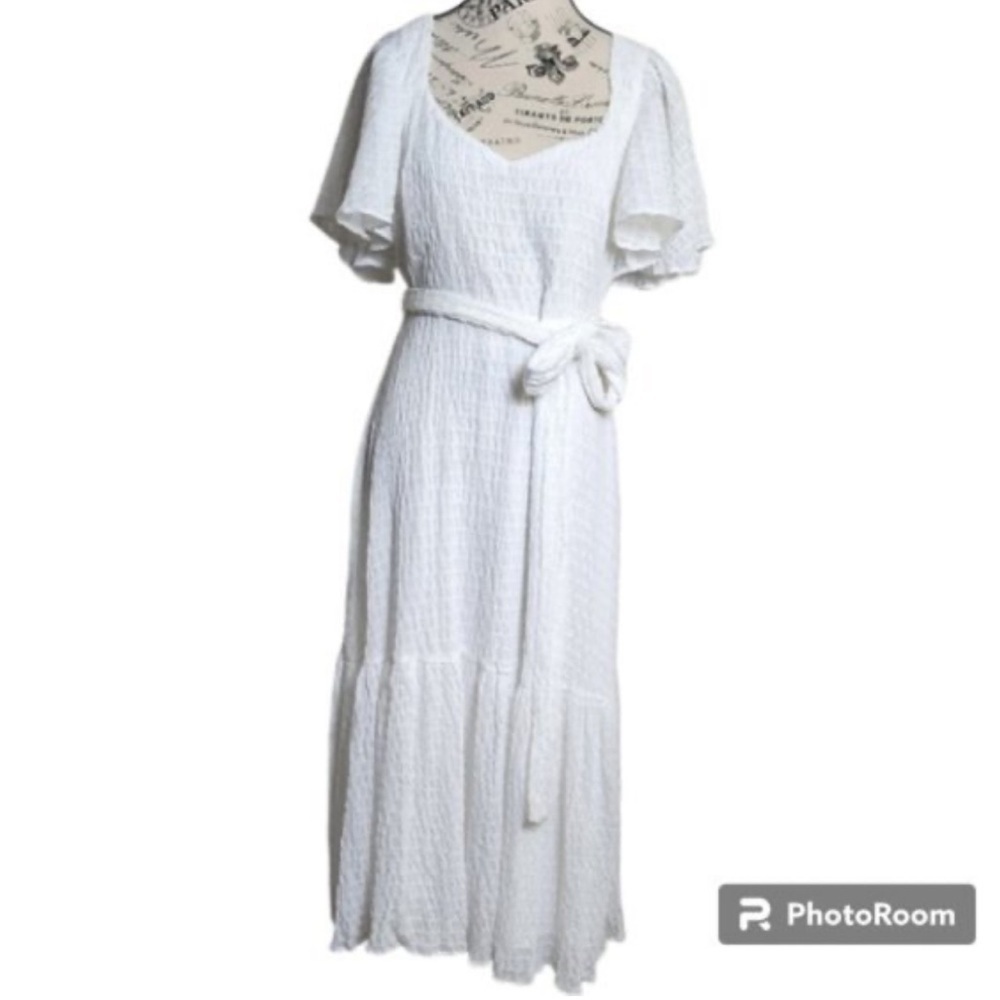 ALL IN FAVOR WHITE STATEMENT SLEEVE BELTED CREPE CRINKLE MAXI DRESS MEDIUM NEW